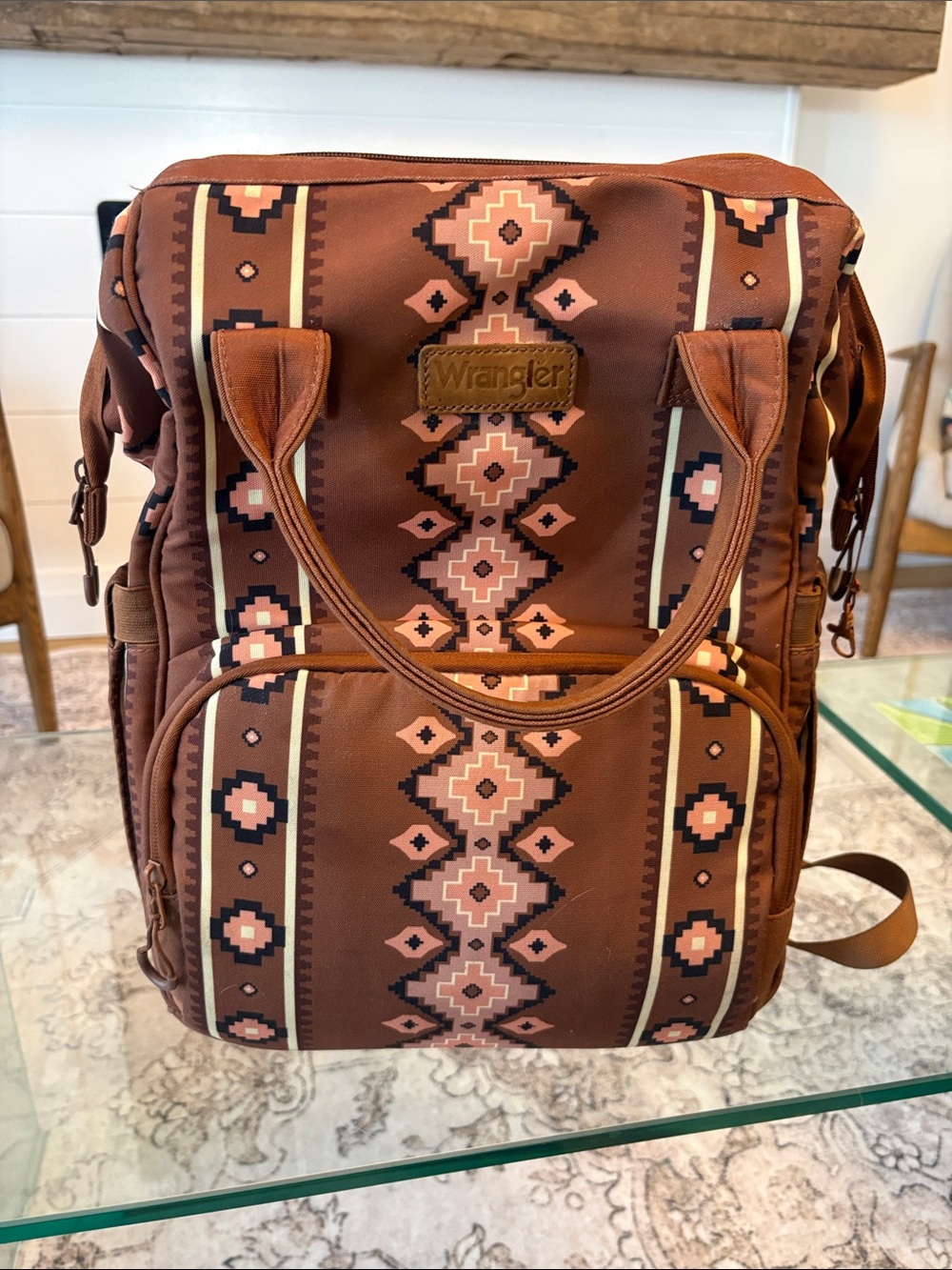 Wrangler Brown and Pink Aztec-Patterned Tote Backpack